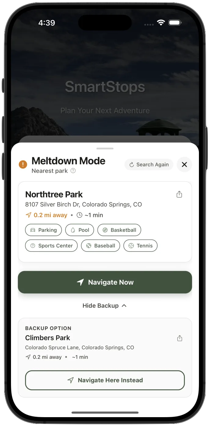 Meltdown Mode finding the nearest park — Northtree Park, 0.2 mi away with parking, pool, and sports amenities