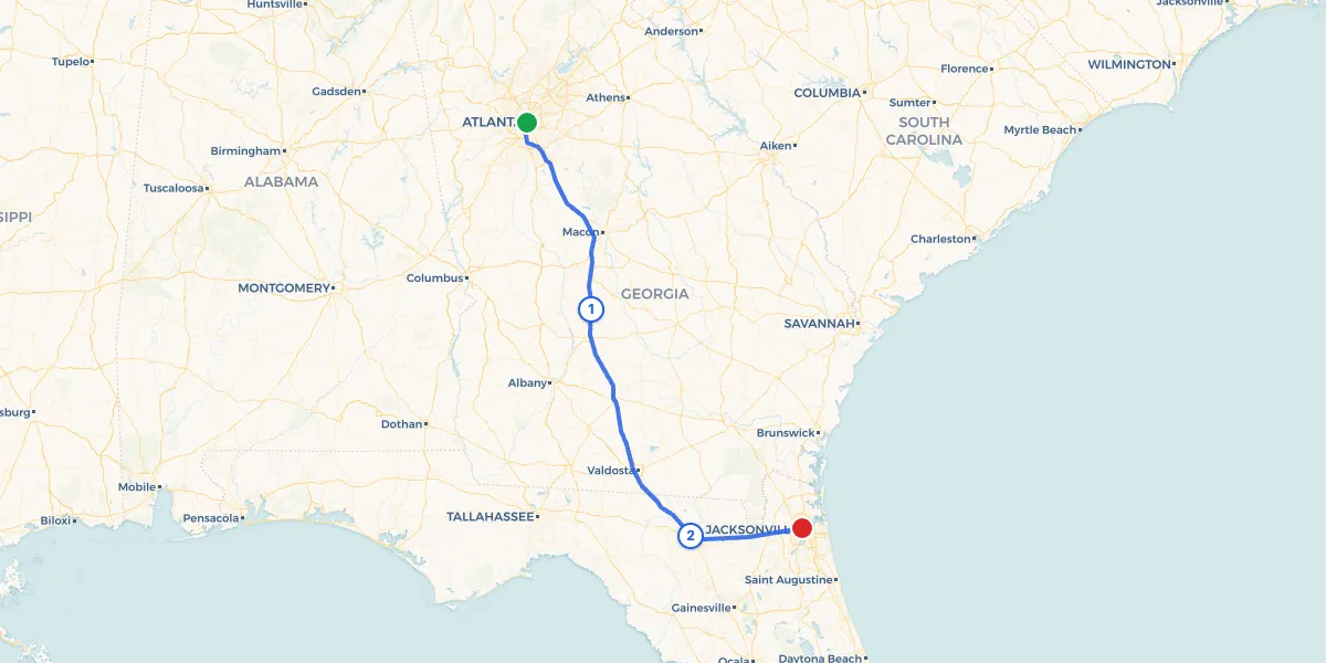 Route map from Atlanta to Jacksonville showing 2 recommended stops