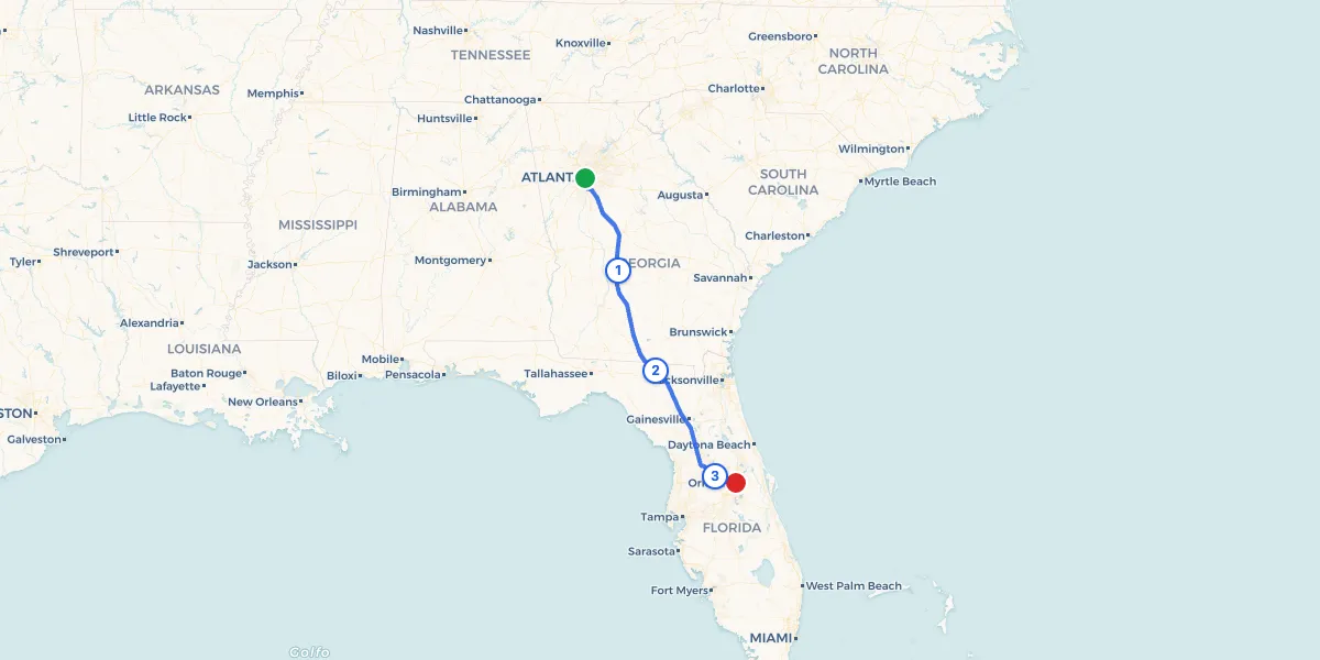 Route map from Atlanta to Orlando showing 3 recommended stops