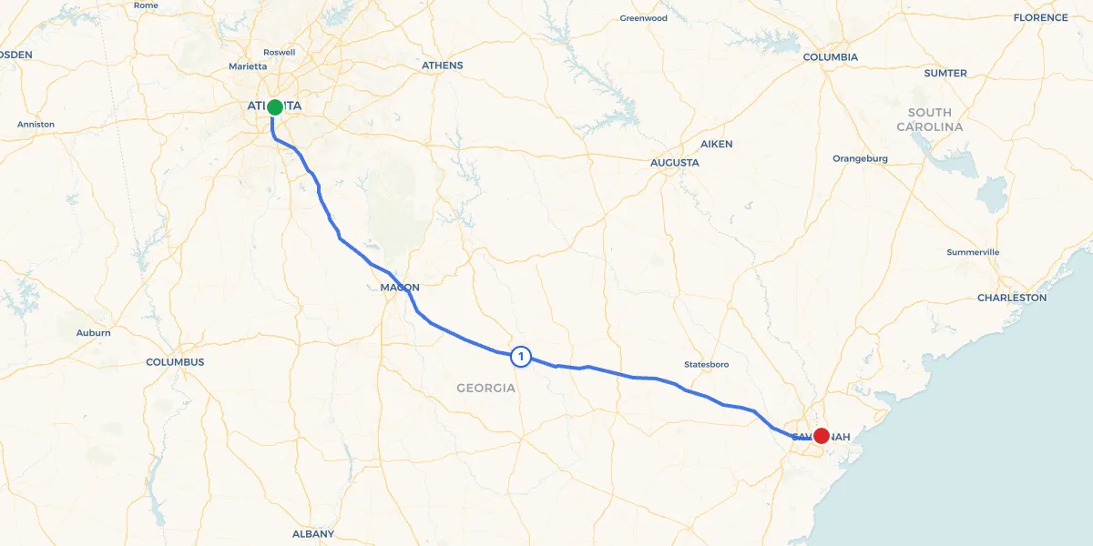 Route map from Atlanta to Savannah showing 1 recommended stops
