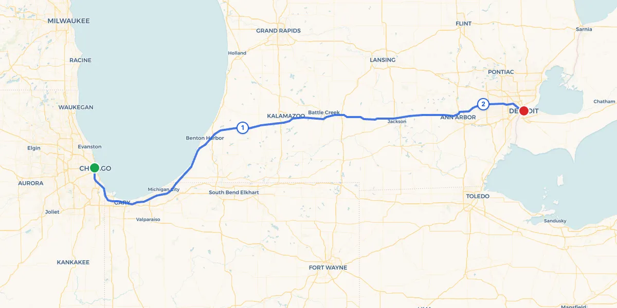 Route map from Chicago to Detroit showing 2 recommended stops
