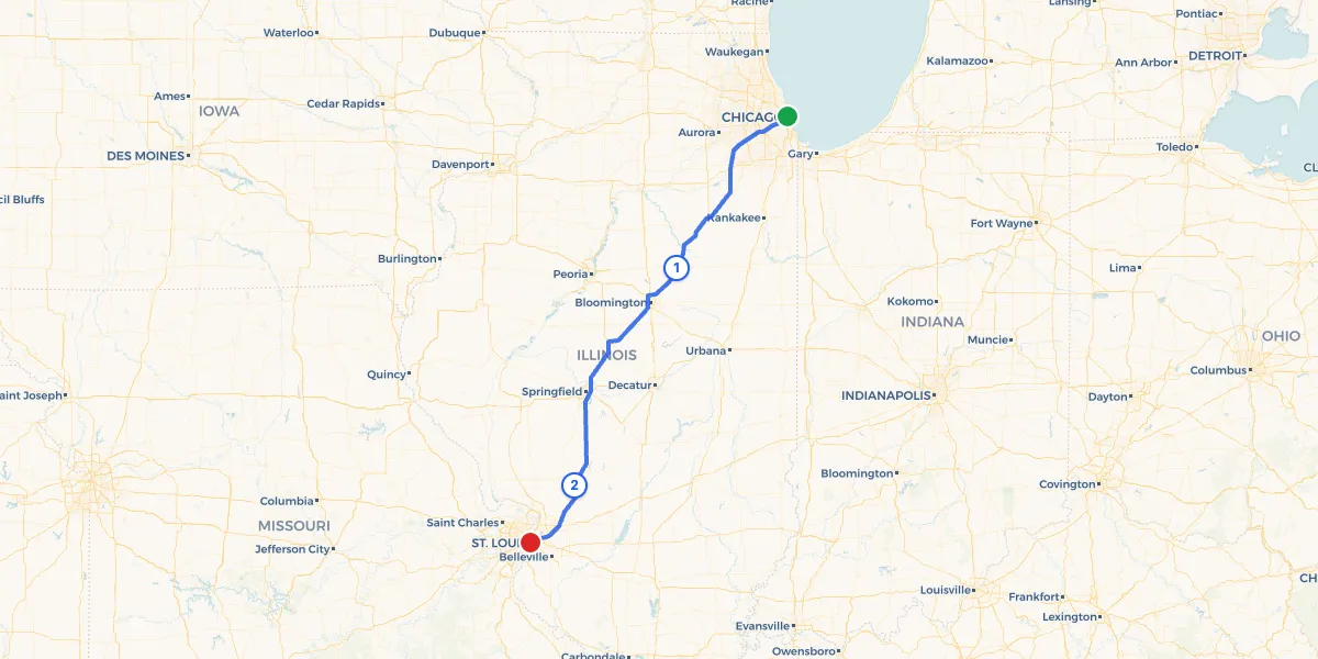 Route map from Chicago to St. Louis showing 2 recommended stops