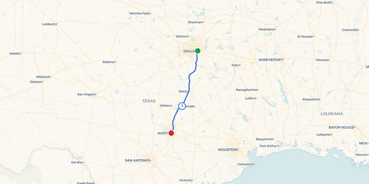 Route map from Dallas to Austin showing 1 recommended stops