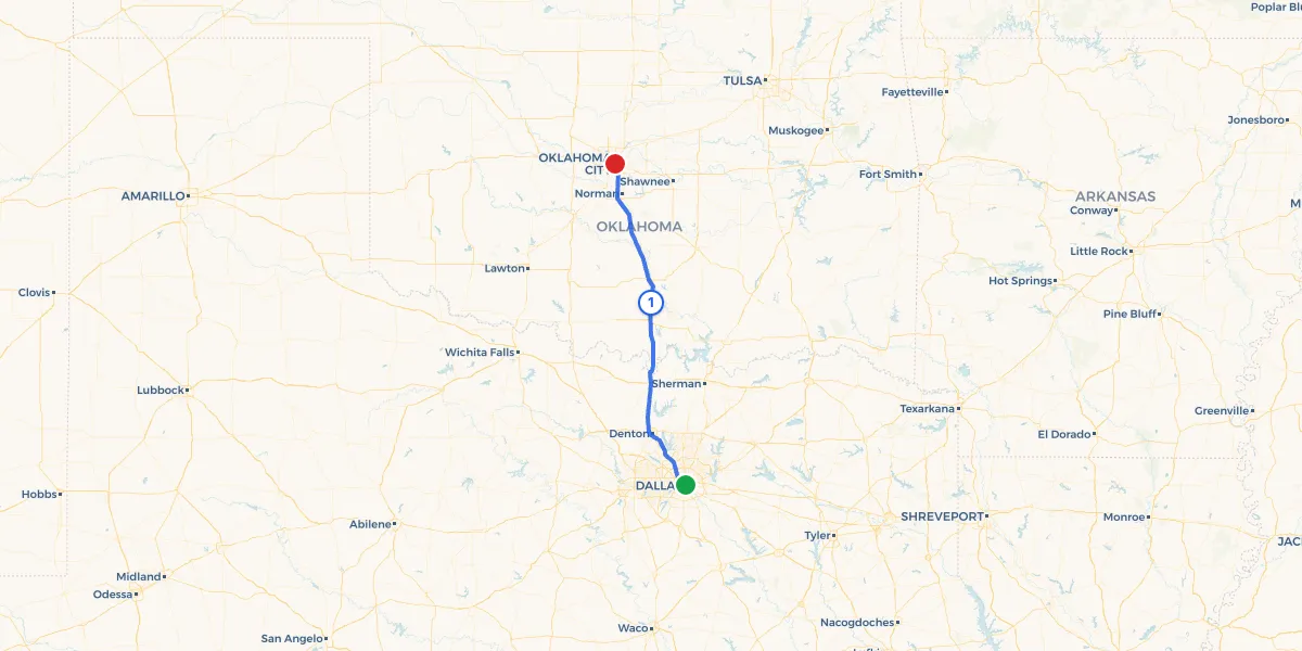 Route map from Dallas to Oklahoma City showing 1 recommended stops