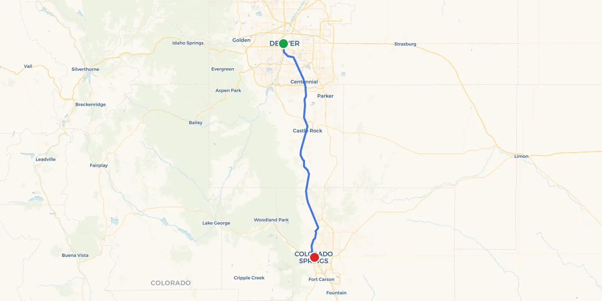 Route map from Denver to Colorado Springs showing 0 recommended stops