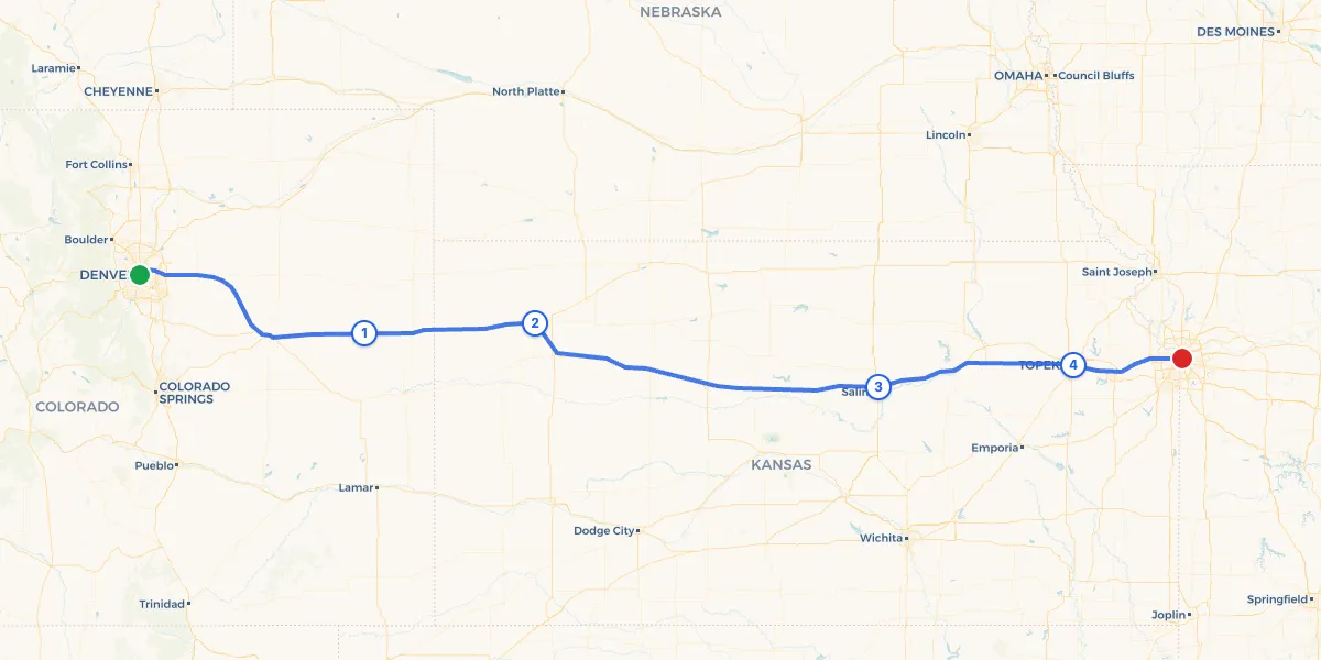 Route map from Denver to Kansas City showing 4 recommended stops