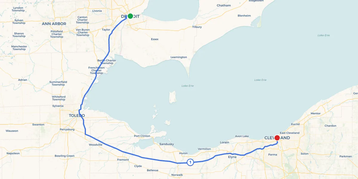 Route map from Detroit to Cleveland showing 1 recommended stops