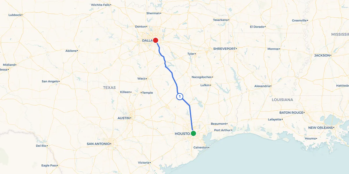 Route map from Houston to Dallas showing 1 recommended stops