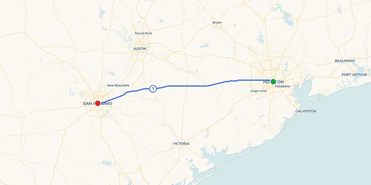 Route map from Houston to San Antonio showing 1 recommended stops
