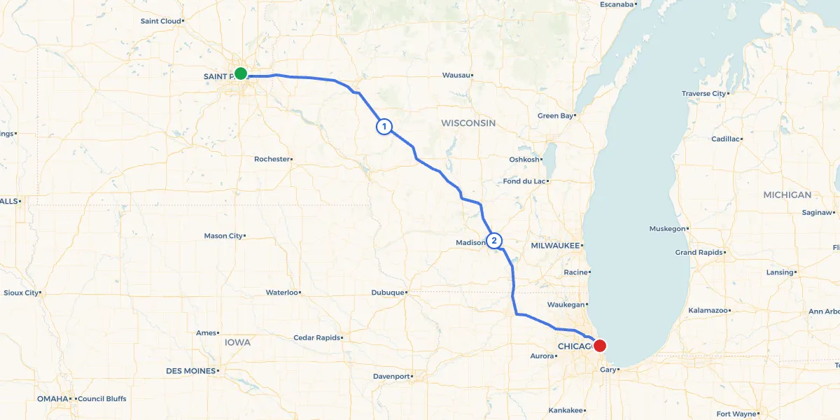 Route map from Minneapolis to Chicago showing 2 recommended stops