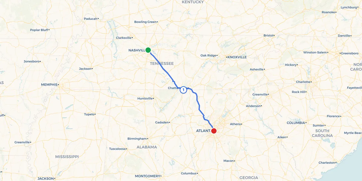 Route map from Nashville to Atlanta showing 1 recommended stops