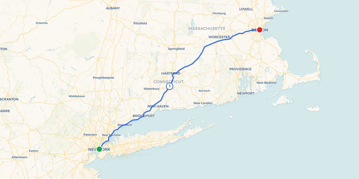 Route map from New York to Boston showing 1 recommended stops