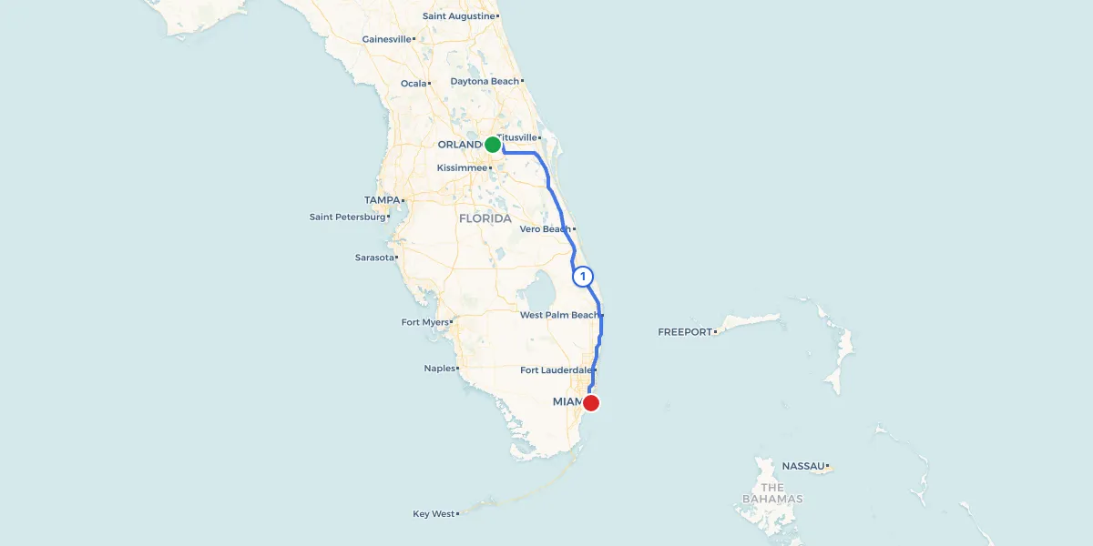 Route map from Orlando to Miami showing 1 recommended stops