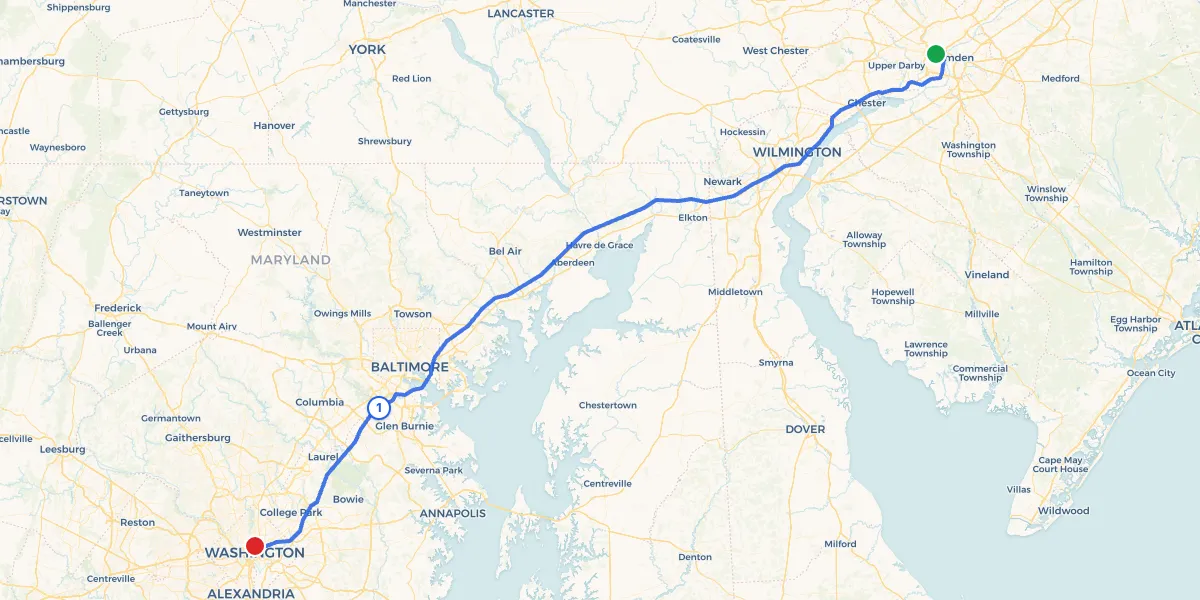 Route map from Philadelphia to Washington showing 1 recommended stops