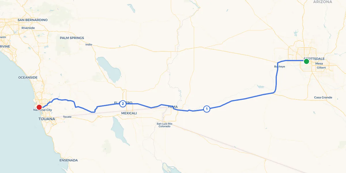 Route map from Phoenix to San Diego showing 2 recommended stops