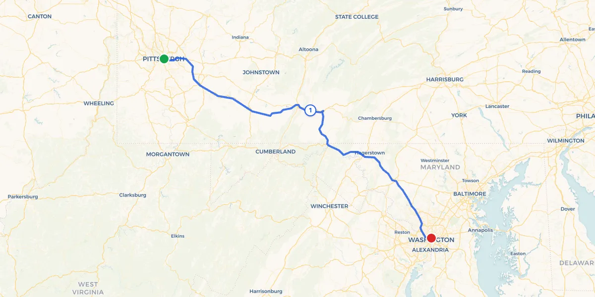 Route map from Pittsburgh to Washington showing 1 recommended stops