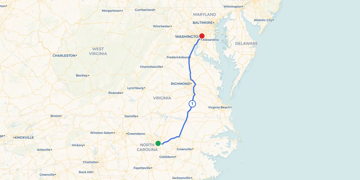Route map from Raleigh to Washington showing 1 recommended stops
