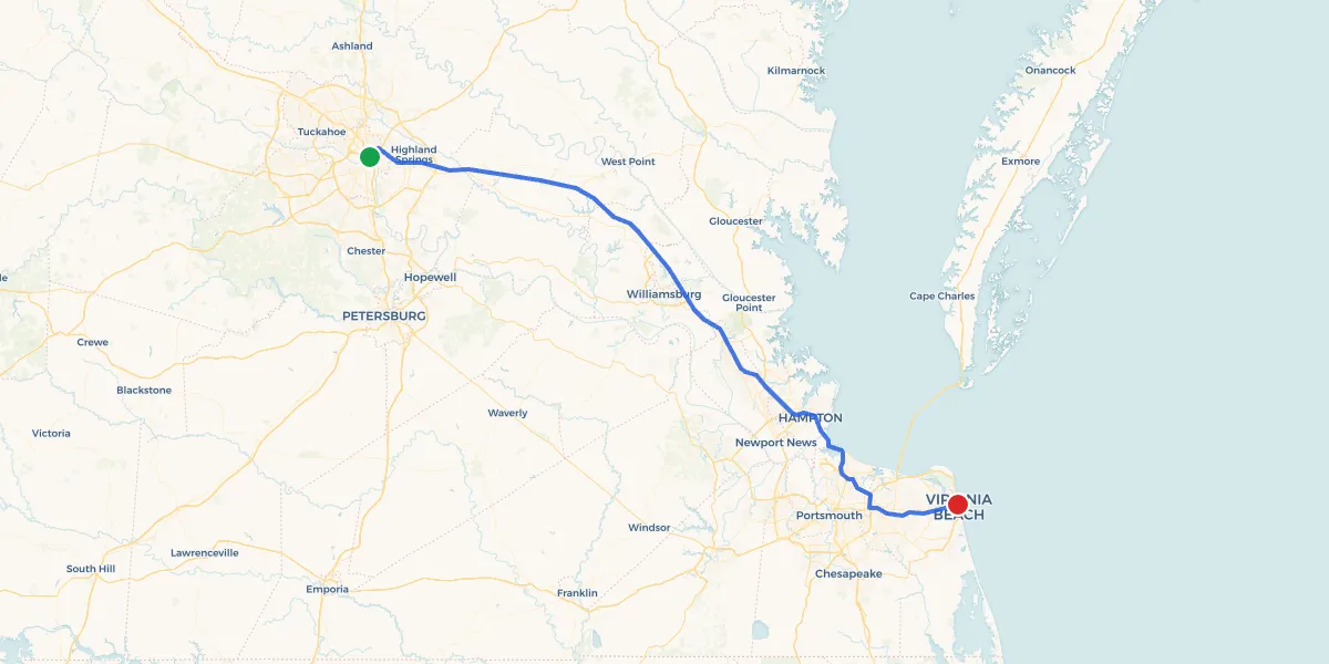 Route map from Richmond to Virginia Beach showing 0 recommended stops