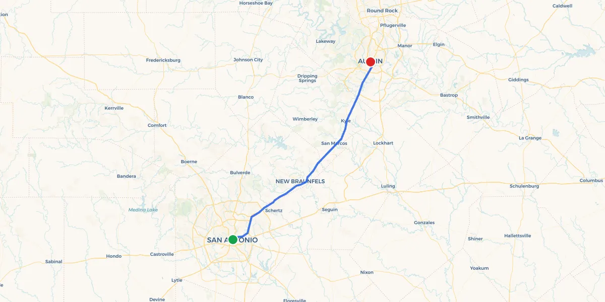 Route map from San Antonio to Austin showing 0 recommended stops