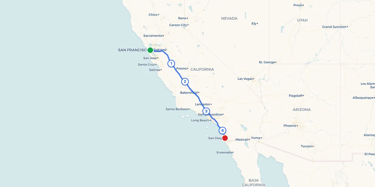 Route map from San Francisco to San Diego showing 4 recommended stops