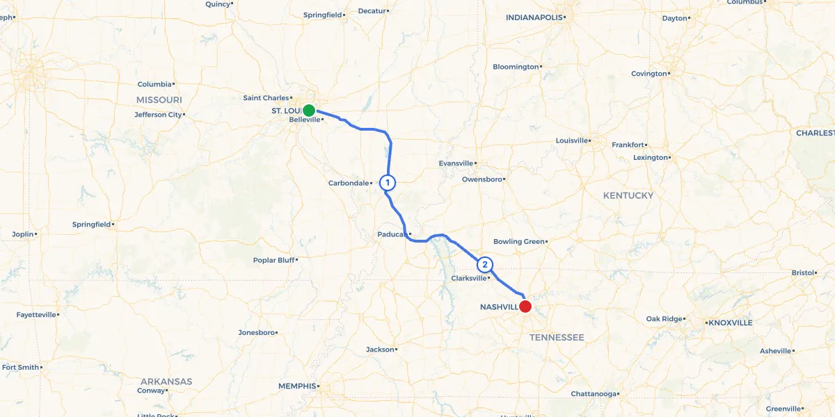 Route map from St. Louis to Nashville showing 2 recommended stops