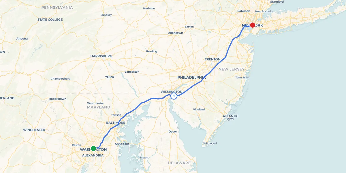 Route map from Washington to New York showing 1 recommended stops
